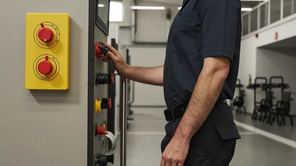 A technician at an industrial control panel in a factory control room