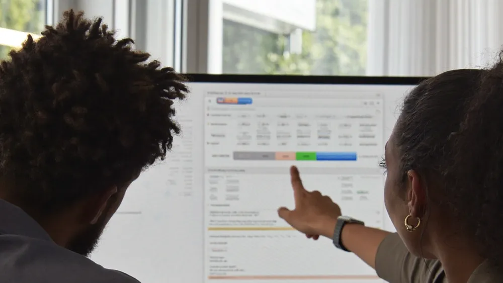 Two colleagues reviewing an application on a monitor together