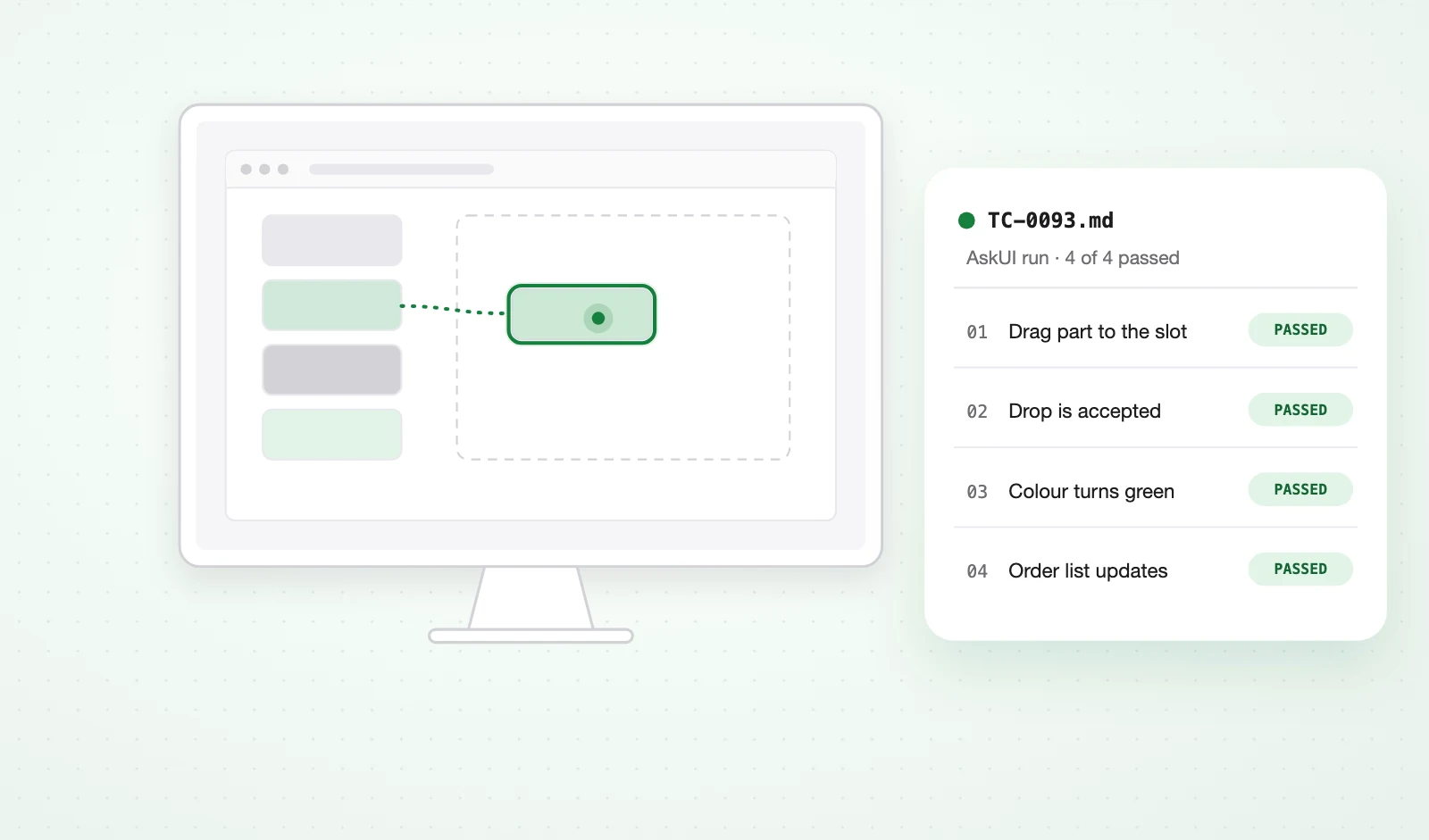 Illustration: a drag-and-drop desktop application with an AskUI run report