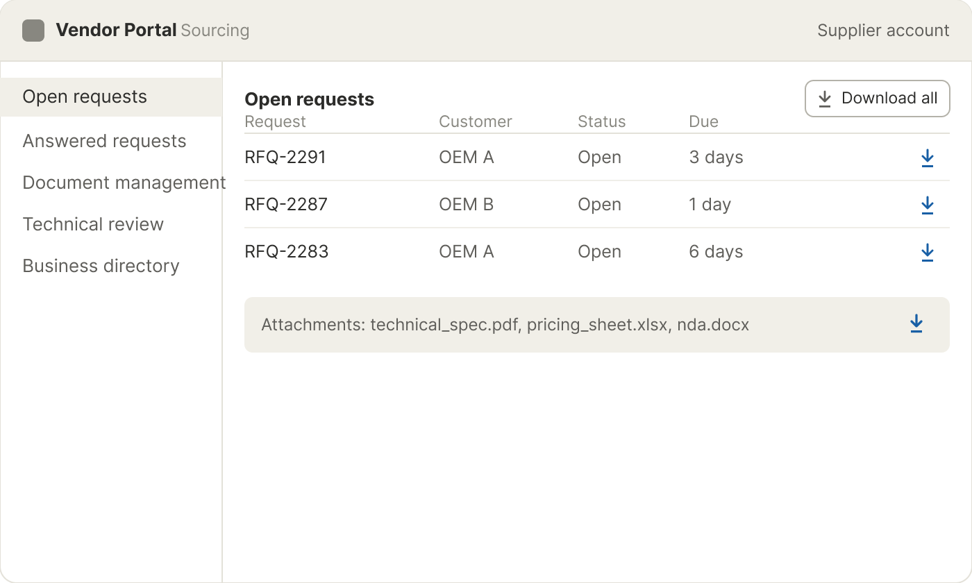 A generic vendor portal showing an open RFQ request list with a document download action